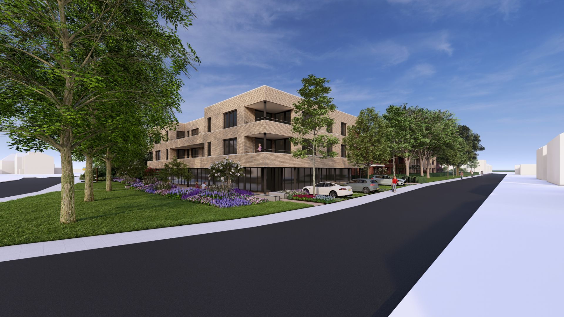 Impressie ontwerp nieuwbouw zicht vanaf hoek Gerard Walravenstraat Veldstraat
